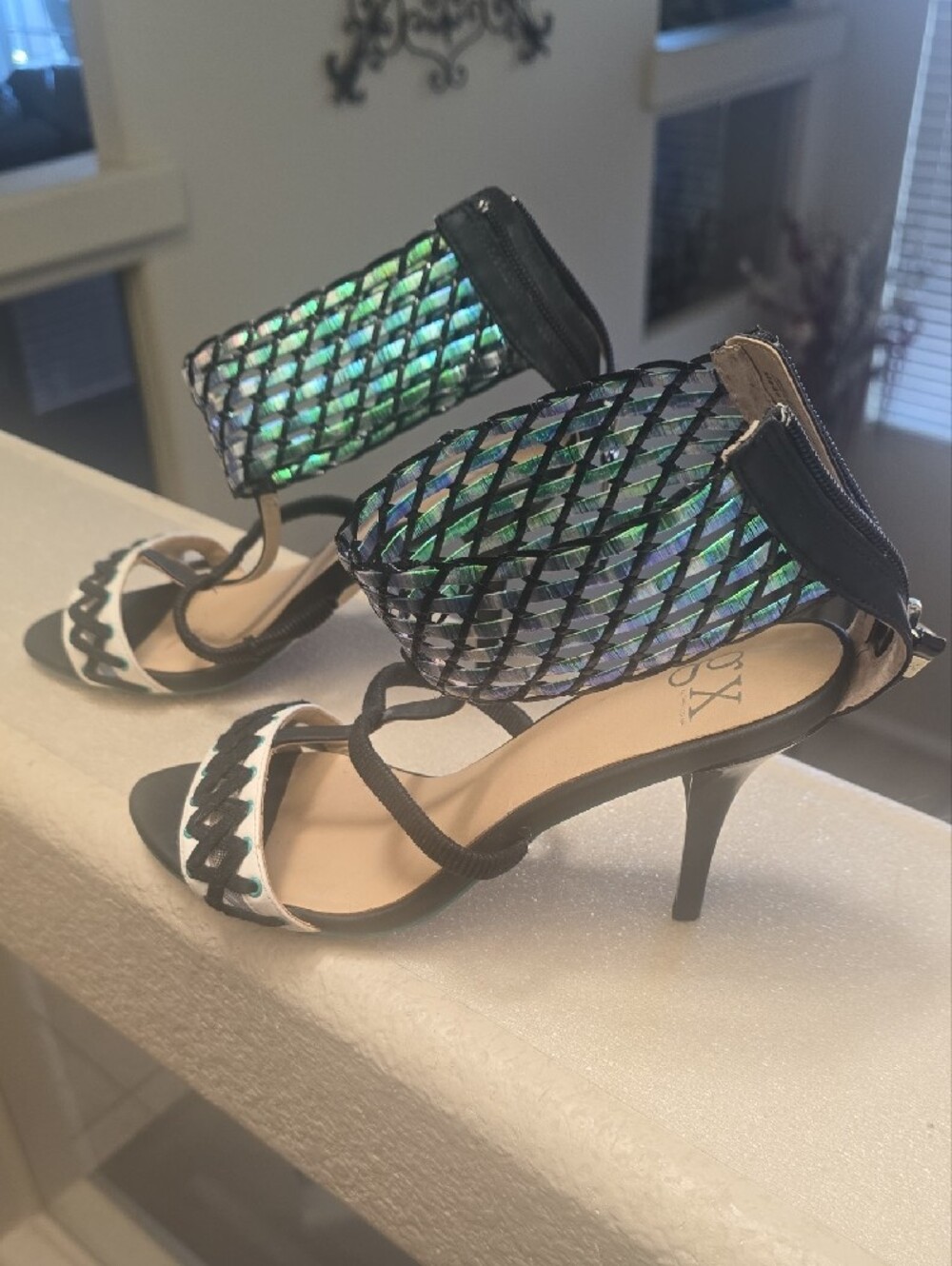 GX by Gwen Stefani Black and White High Heel Sandals with Iridescent Ankle Cuff